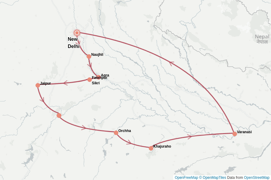 Itinerary Map image for Indien Rundreise 2 Wochen