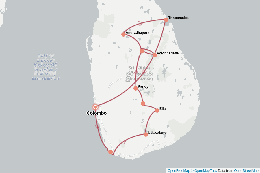 Itinerary Map image for Sri Lanka Rundreise 2 Wochen